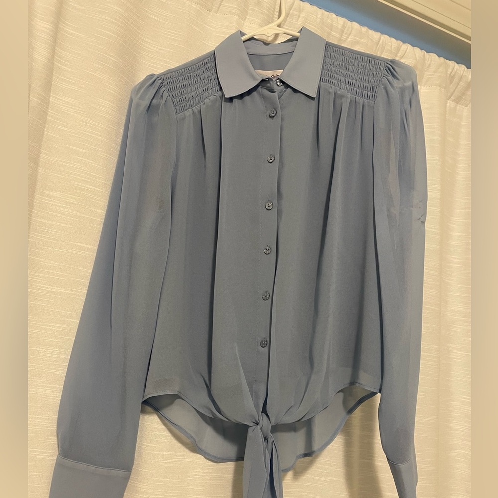 Calvin Klein Blue Smocked Blouse with Peter Pan Collar
